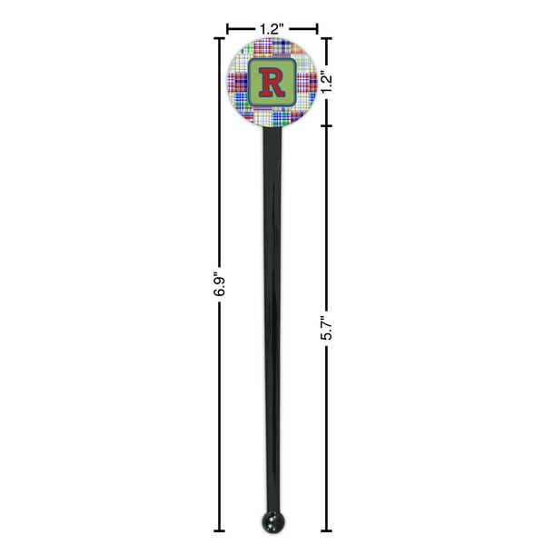 Blue Madras Plaid Print Black Plastic 7" Stir Stick - Round - Dimensions