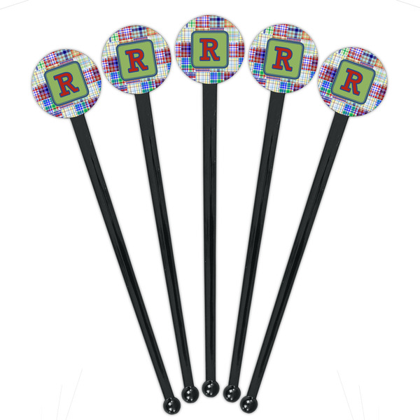 Blue Madras Plaid Print Black Plastic 7" Stir Stick - Round - Fan View