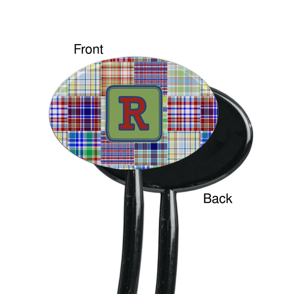 Blue Madras Plaid Print Black Plastic 7" Stir Stick - Single Sided - Oval - Front & Back