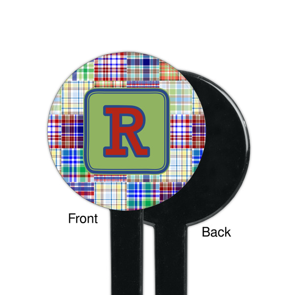 Blue Madras Plaid Print Black Plastic 7" Stir Stick - Single Sided - Round - Front & Back