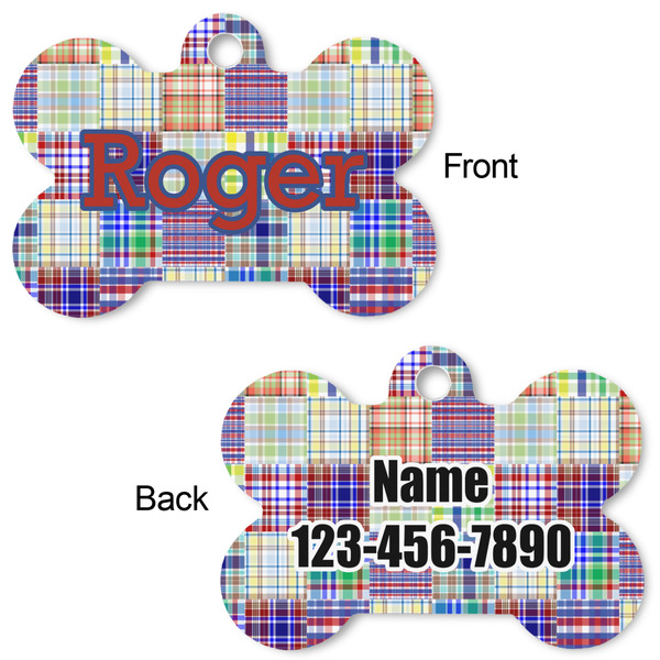 Blue Madras Plaid Print Bone Shaped Dog ID Tag - Large - Approval