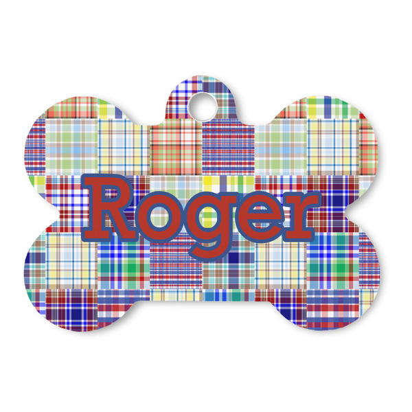 Custom Blue Madras Plaid Print Bone Shaped Dog ID Tag (Personalized)