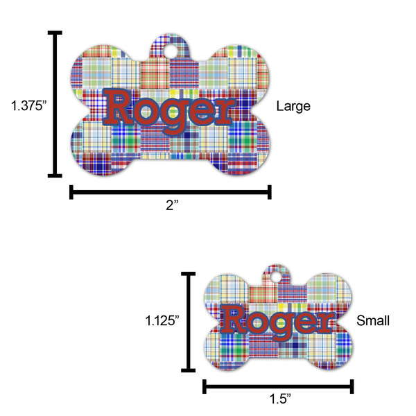 Blue Madras Plaid Print Bone Shaped Dog ID Tag - Large - Scale
