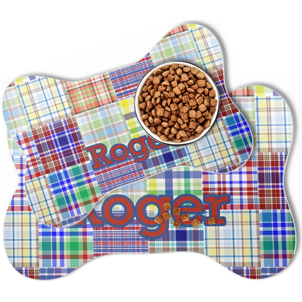 Blue Madras Plaid Print Bone Shaped Dog Mats - MAIN