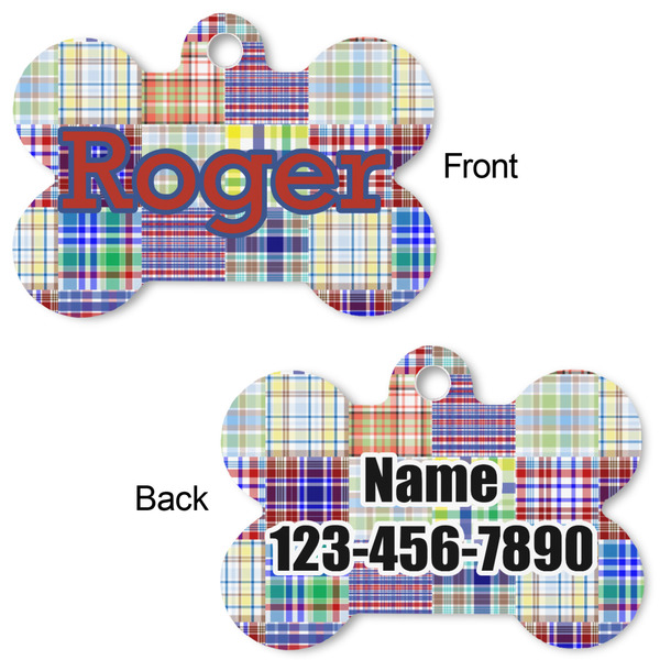 Blue Madras Plaid Print Bone Shaped Dog Tag - Front & Back