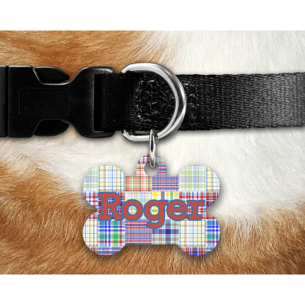 Blue Madras Plaid Print Bone Shaped Dog Tag on Collar & Dog