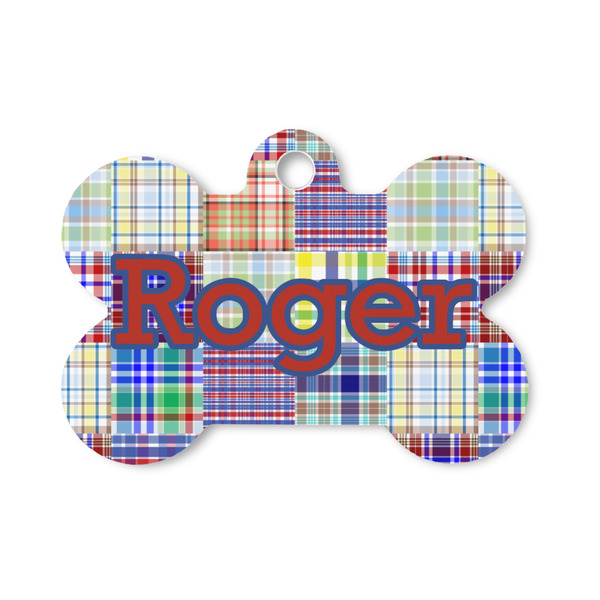 Custom Blue Madras Plaid Print Bone Shaped Dog ID Tag - Small (Personalized)