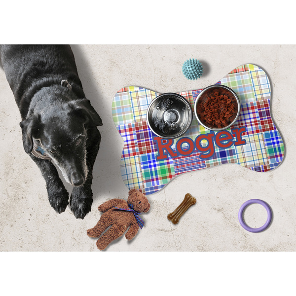 Blue Madras Plaid Print Bone Shaped Mat w/ Food & Water
