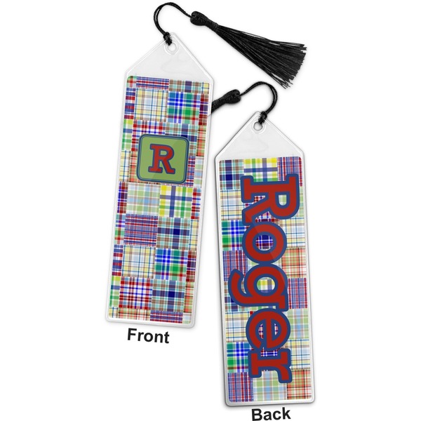 Blue Madras Plaid Print Bookmark with tassel - Front and Back