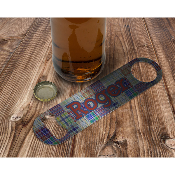 Blue Madras Plaid Print Bottle Opener - In Use