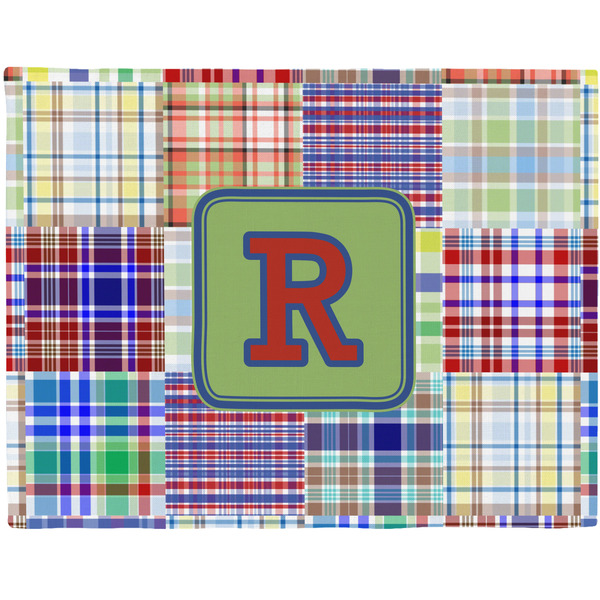 Custom Blue Madras Plaid Print Woven Fabric Placemat - Twill w/ Initial