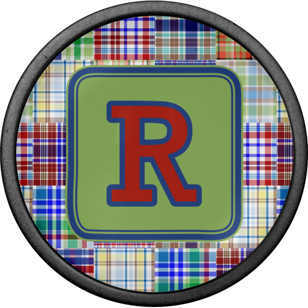 Blue Madras Plaid Print Cabinet Knob - Black - Front