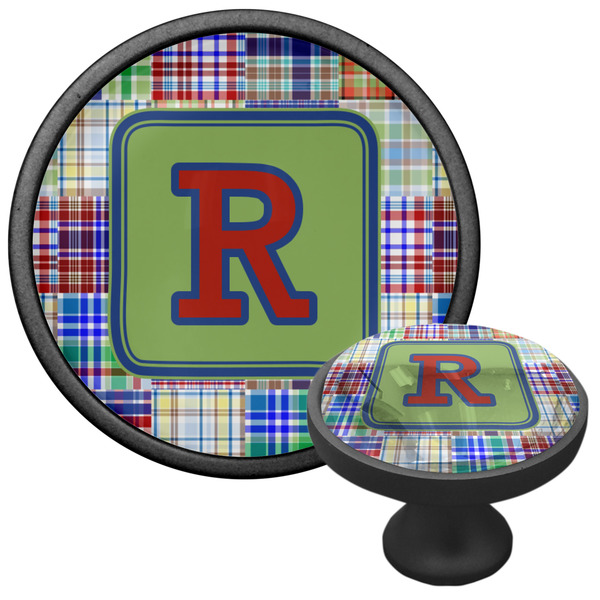 Blue Madras Plaid Print Cabinet Knob - Black - Multi Angle