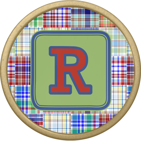 Blue Madras Plaid Print Cabinet Knob - Gold - Front