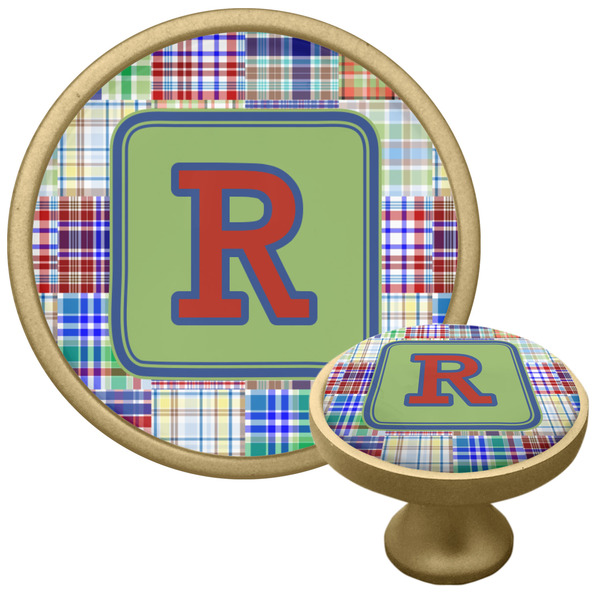 Custom Blue Madras Plaid Print Cabinet Knob - Gold (Personalized)