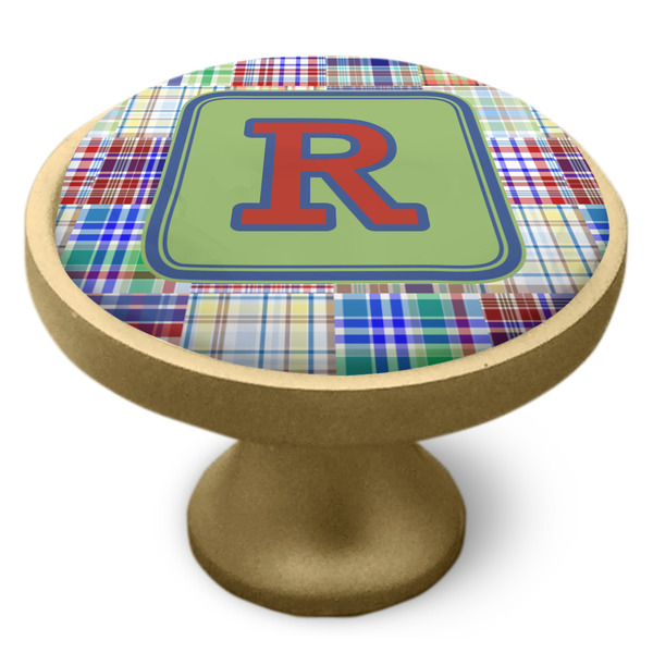 Blue Madras Plaid Print Cabinet Knob - Gold - Side