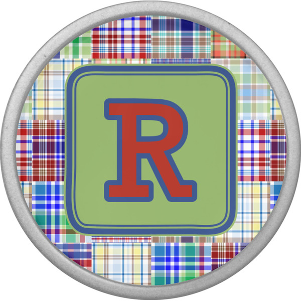 Blue Madras Plaid Print Cabinet Knob - Nickel - Front