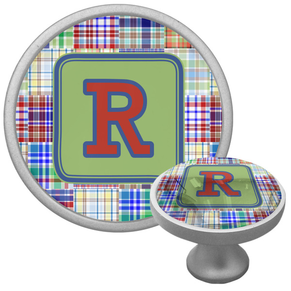 Custom Blue Madras Plaid Print Cabinet Knob (Silver) (Personalized)
