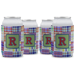 Blue Madras Plaid Print Can Cooler (12 oz) - Set of 4 w/ Initial