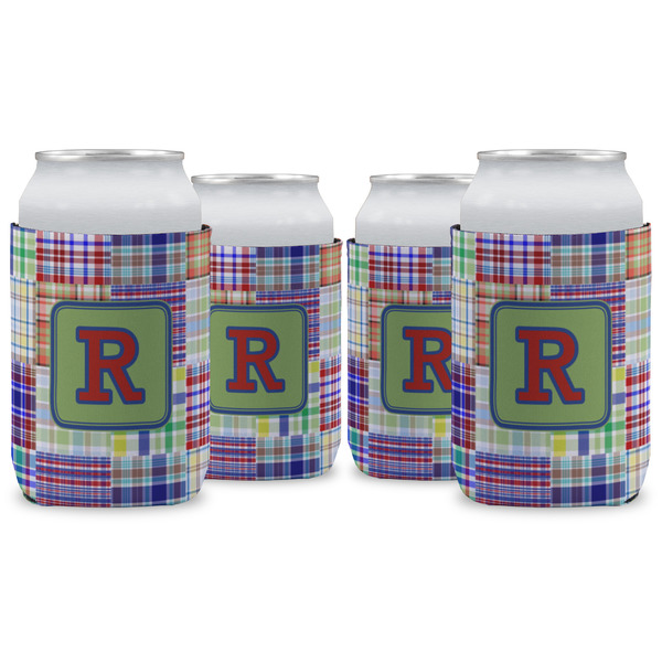 Custom Blue Madras Plaid Print Can Cooler (12 oz) - Set of 4 w/ Initial