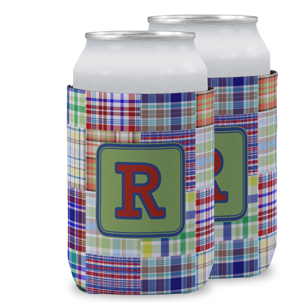 Custom Blue Madras Plaid Print Can Cooler (12 oz) w/ Initial