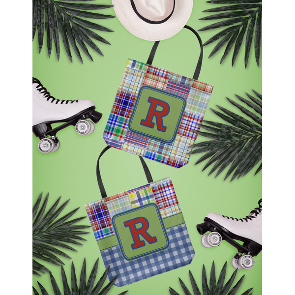 Blue Madras Plaid Print Canvas Tote Lifestyle Front and Back