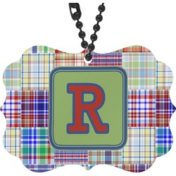 Blue Madras Plaid Print Rear View Mirror Decor (Personalized)