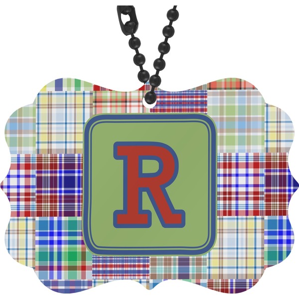 Custom Blue Madras Plaid Print Rear View Mirror Decor (Personalized)