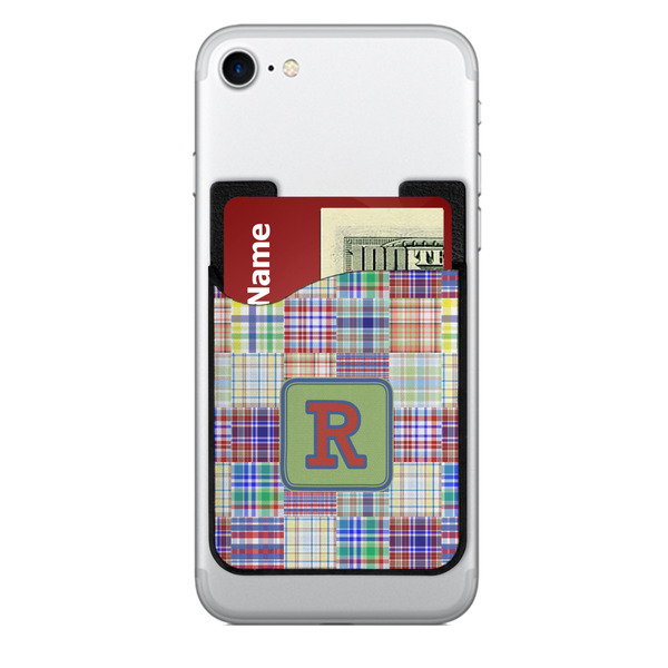 Custom Blue Madras Plaid Print 2-in-1 Cell Phone Credit Card Holder & Screen Cleaner (Personalized)