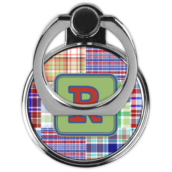 Blue Madras Plaid Print Cell Phone Ring Stand & Holder - Front (Collapsed)