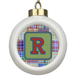 Blue Madras Plaid Print Ceramic Ball Ornament (Personalized)