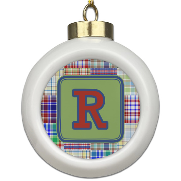 Custom Blue Madras Plaid Print Ceramic Ball Ornament (Personalized)