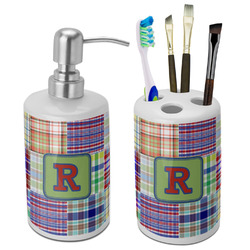Blue Madras Plaid Print Ceramic Bathroom Accessories Set (Personalized)