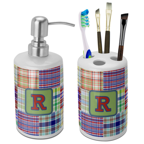 Custom Blue Madras Plaid Print Ceramic Bathroom Accessories Set (Personalized)
