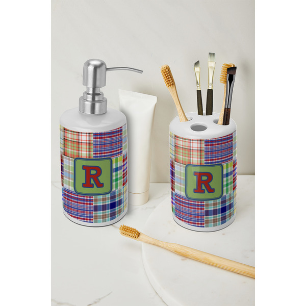 Blue Madras Plaid Print Ceramic Bathroom Accessories - LIFESTYLE (toothbrush holder & soap dispenser)