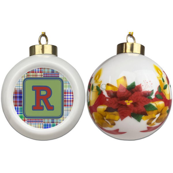 Blue Madras Plaid Print Ceramic Christmas Ornament - Poinsettias (APPROVAL)