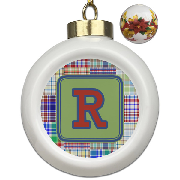 Custom Blue Madras Plaid Print Ceramic Ball Ornaments - Poinsettia Garland (Personalized)