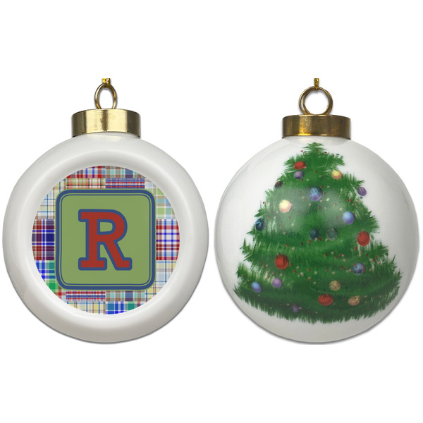 Blue Madras Plaid Print Ceramic Christmas Ornament - X-Mas Tree (APPROVAL)