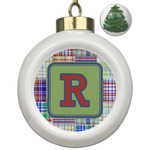 Blue Madras Plaid Print Ceramic Ball Ornament - Christmas Tree (Personalized)