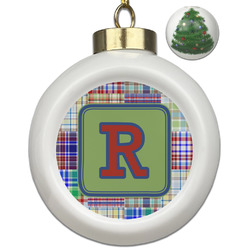 Blue Madras Plaid Print Ceramic Ball Ornament - Christmas Tree (Personalized)
