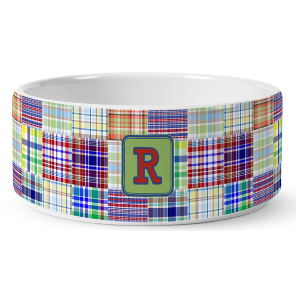 Blue Madras Plaid Print Ceramic Dog Bowl - Medium - Front