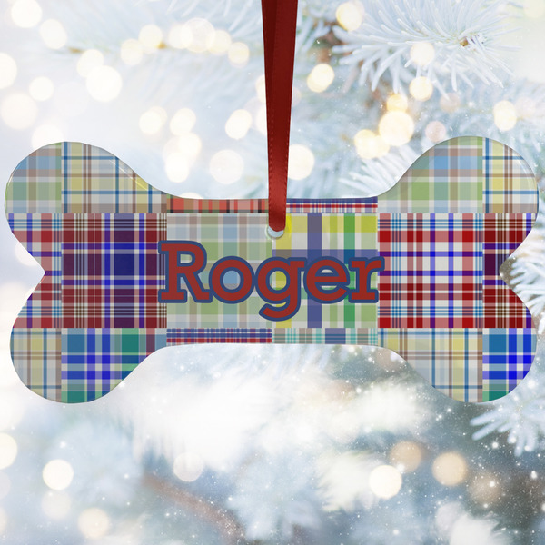 Custom Blue Madras Plaid Print Ceramic Dog Ornament w/ Initial
