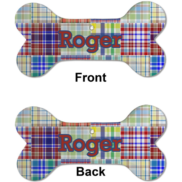 Blue Madras Plaid Print Ceramic Flat Ornament - Bone Front & Back (APPROVAL)