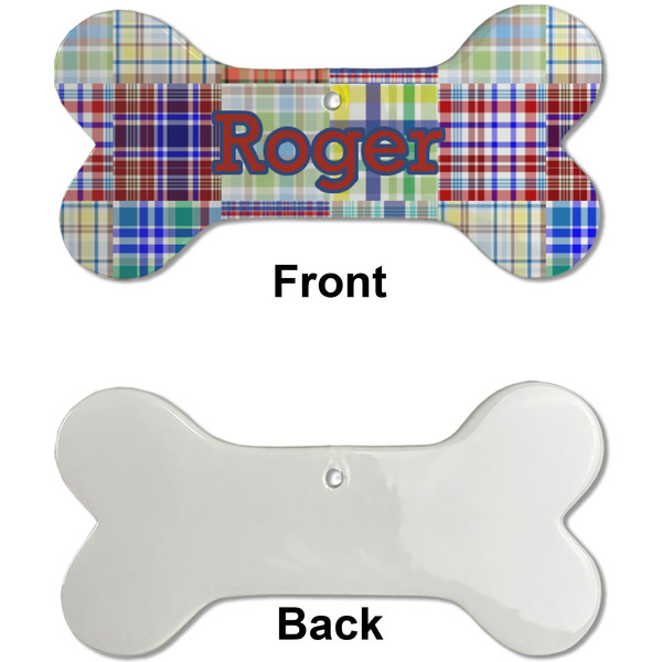 Blue Madras Plaid Print Ceramic Flat Ornament - Bone Front & Back Single Print (APPROVAL)