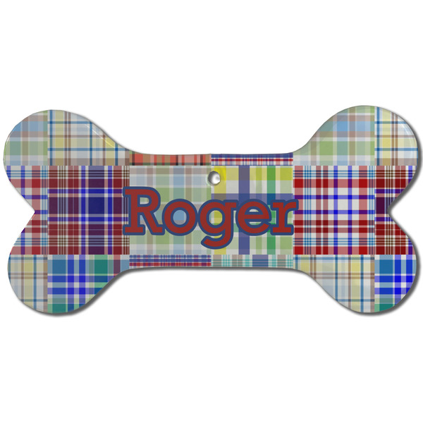 Custom Blue Madras Plaid Print Ceramic Dog Ornament - Front w/ Initial