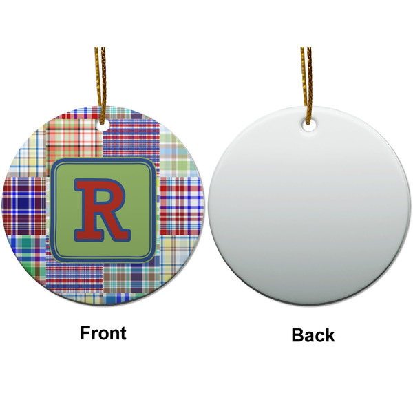 Blue Madras Plaid Print Ceramic Flat Ornament - Circle Front & Back (APPROVAL)