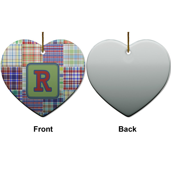 Blue Madras Plaid Print Ceramic Flat Ornament - Heart Front & Back (APPROVAL)