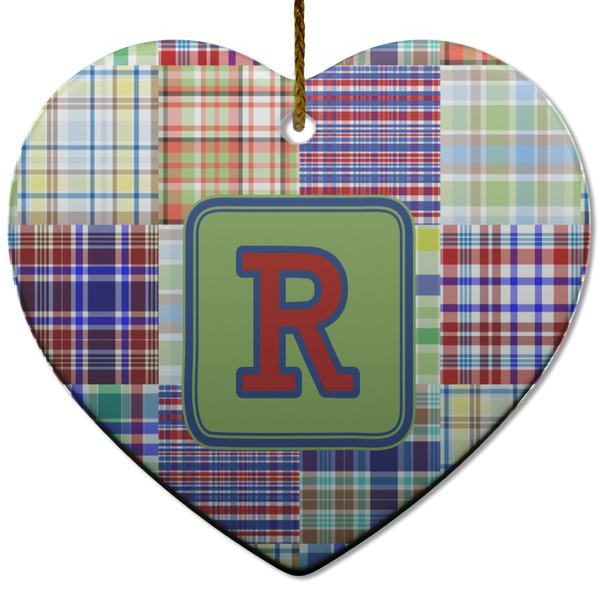 Blue Madras Plaid Print Ceramic Flat Ornament - Heart (Front)