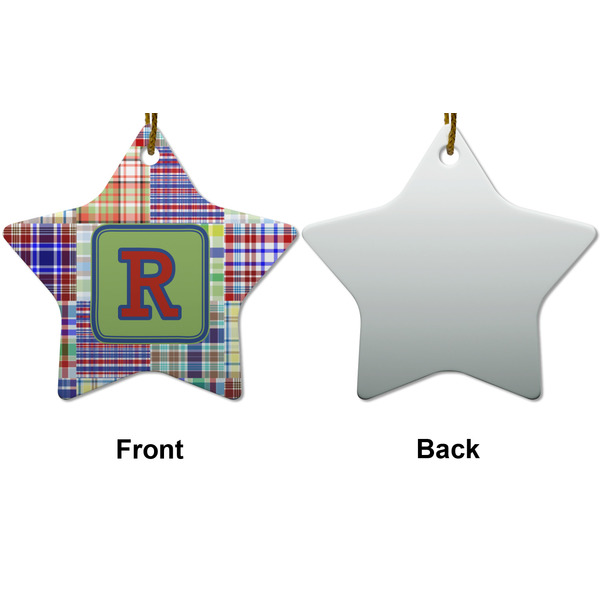 Blue Madras Plaid Print Ceramic Flat Ornament - Star Front & Back (APPROVAL)