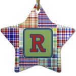 Blue Madras Plaid Print Star Ceramic Ornament w/ Initial